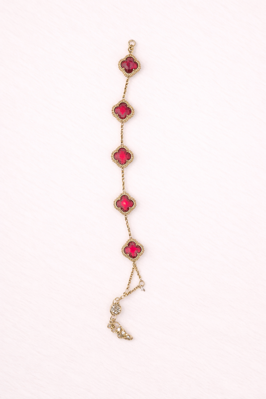Βραχιόλι Clover Style Gold με Κόκκινες Πέτρες